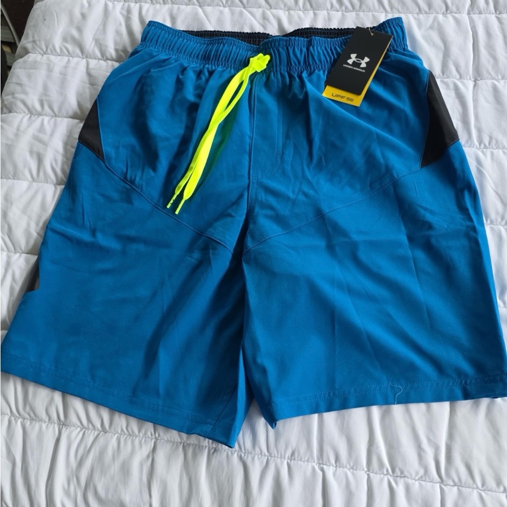 Under Armour Men's Blue and Neon Yellow Athletic Shorts